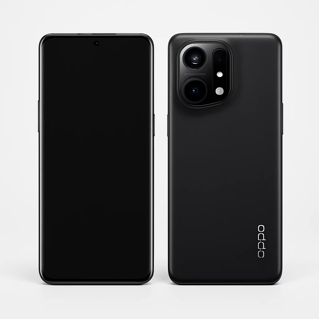 NÉO[5/5] OPPO Find X9 Pro - Composition produit sobre réunissant vues avant et arrière du smartphone, écran sans contenu promotionnel trompeur, fond gris très clair et ombre légère.