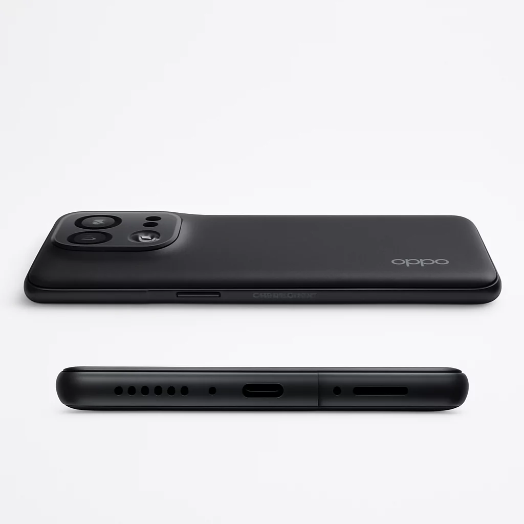 NÉO[4/5] OPPO Find X9 Pro - Vue latérale gauche et vue de la tranche inférieure en studio, avec ports et ouvertures fidèlement reproduits d’après les données constructeur, fond blanc.