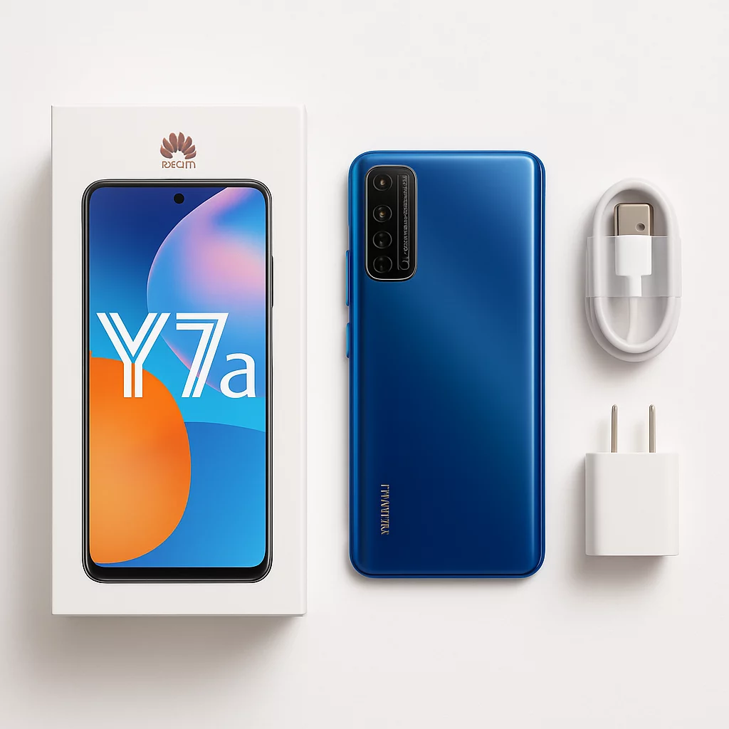 NÉO[5/5] Huawei Y7a - Photo à plat du téléphone, de sa boîte et uniquement des accessoires réellement inclus après vérification, composition ordonnée sur fond blanc avec étiquettes lisibles si possible.