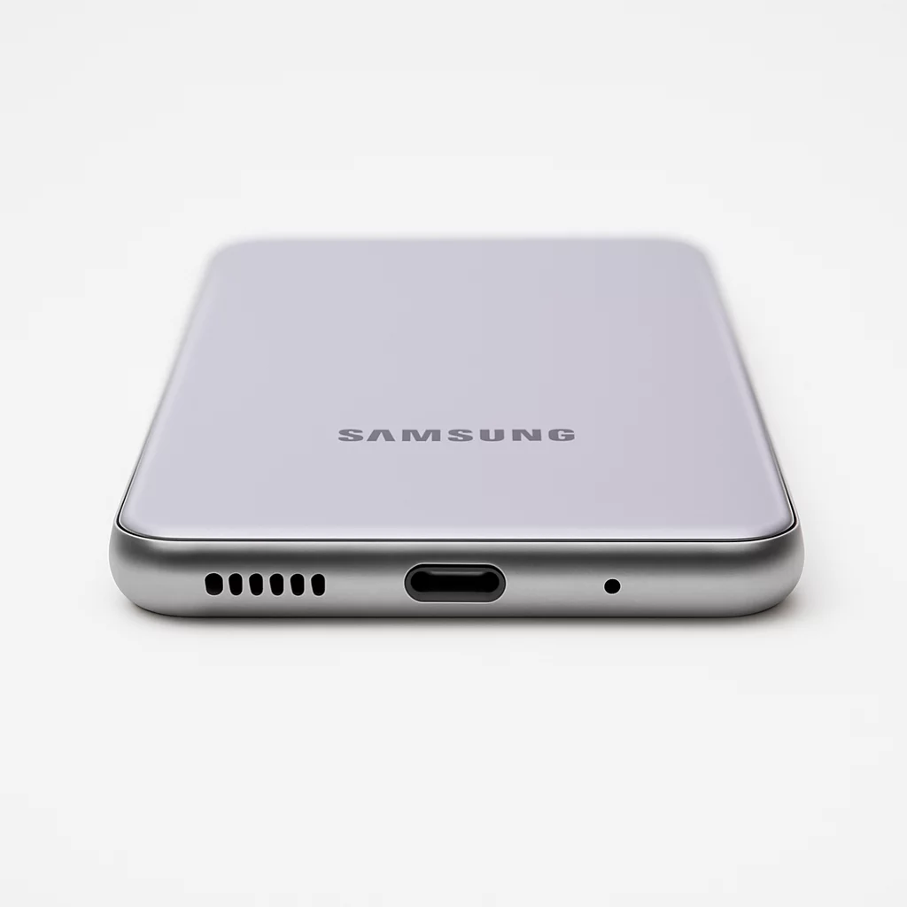 NÉO[5/5] Samsung Galaxy S21 5G - Vue de la tranche inférieure en studio montrant le port USB Type-C, le haut-parleur et les éléments visibles, téléphone seul sur fond blanc.