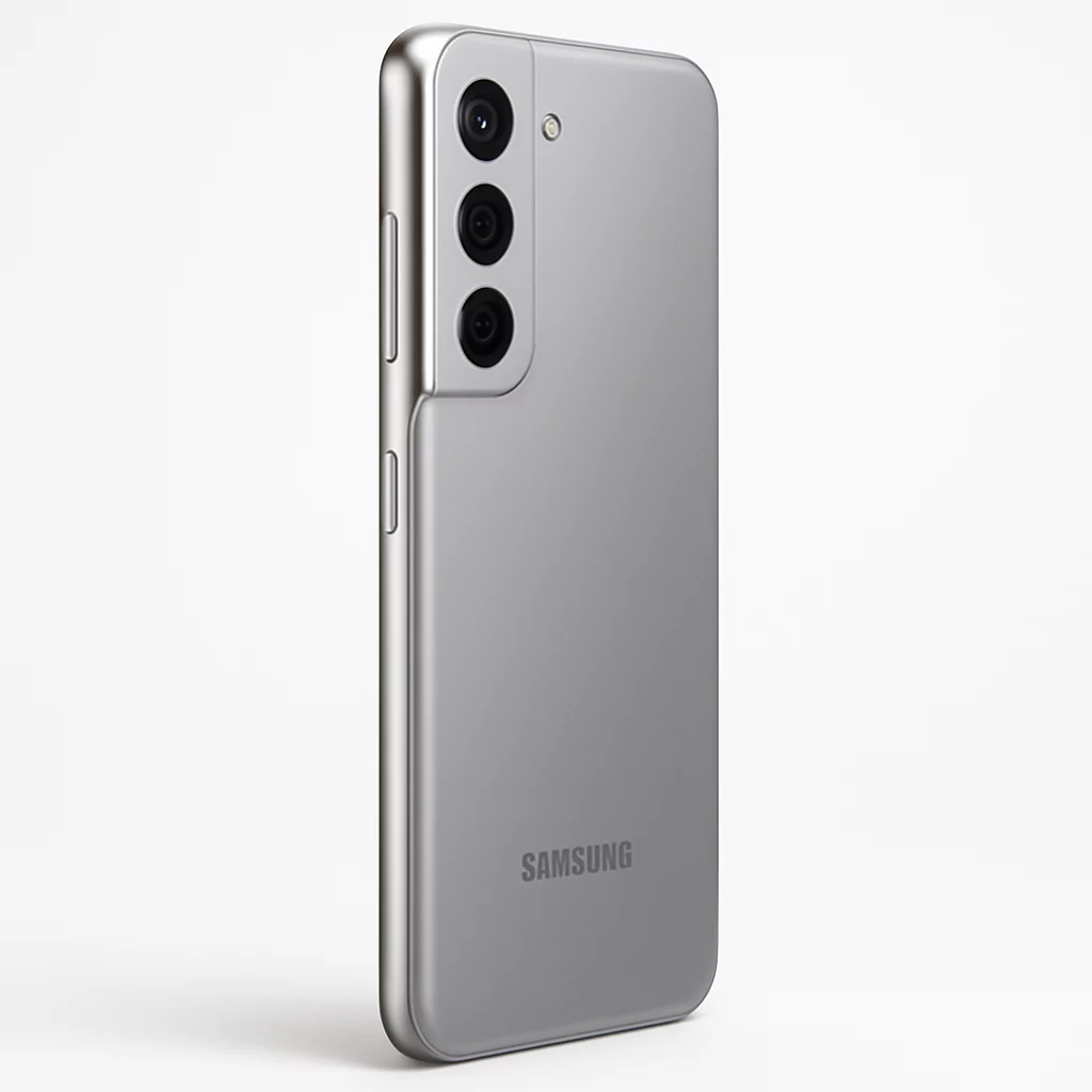 NÉO[3/5] Samsung Galaxy S21 5G - Vue latérale droite en studio mettant en évidence le profil, les boutons physiques et l’épaisseur visuelle, éclairage doux sur fond blanc.