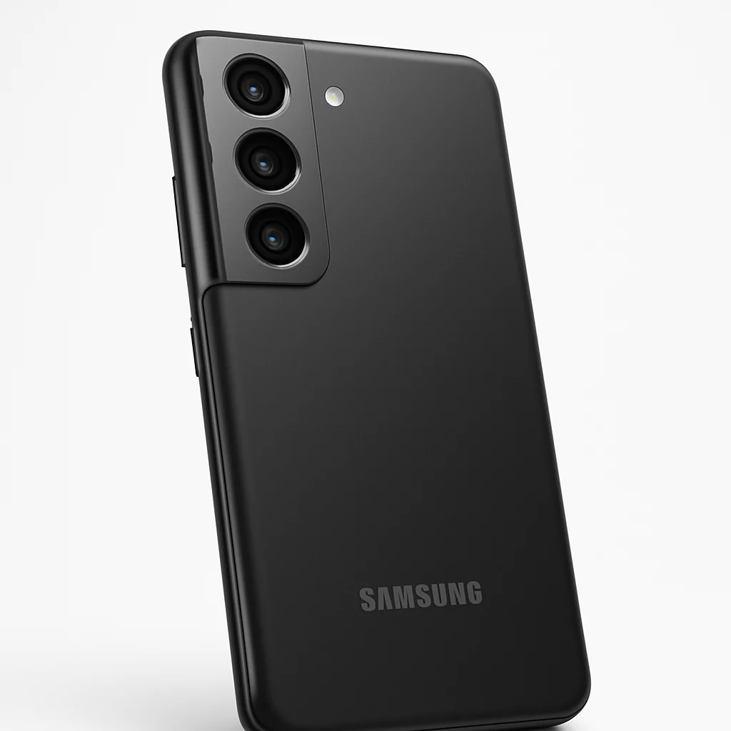 NÉO[4/5] Samsung Galaxy S21 5G - Vue rapprochée en trois-quarts du bloc photo arrière, rendu détaillé des objectifs et de leur intégration au châssis, fond neutre sans décor.