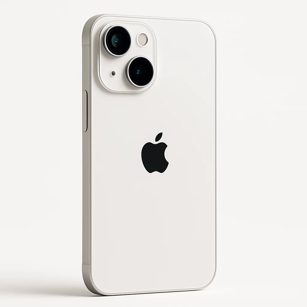 NÉO[5/5] Apple iPhone 16 - Vue rapprochée à trois quarts arrière sur fond blanc pur, centrée sur le double appareil photo et les finitions du dos, lumière homogène et détails nets.