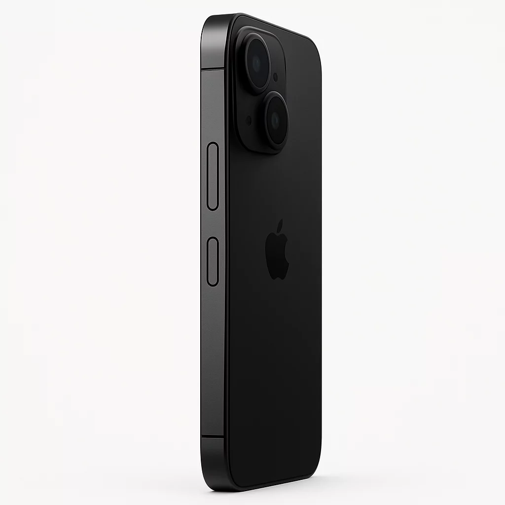 NÉO[4/5] Apple iPhone 16 - Vue de profil gauche en studio sur fond blanc pur, montrant les boutons de volume et le bouton Action, sans éléments décoratifs ni mise en scène trompeuse.