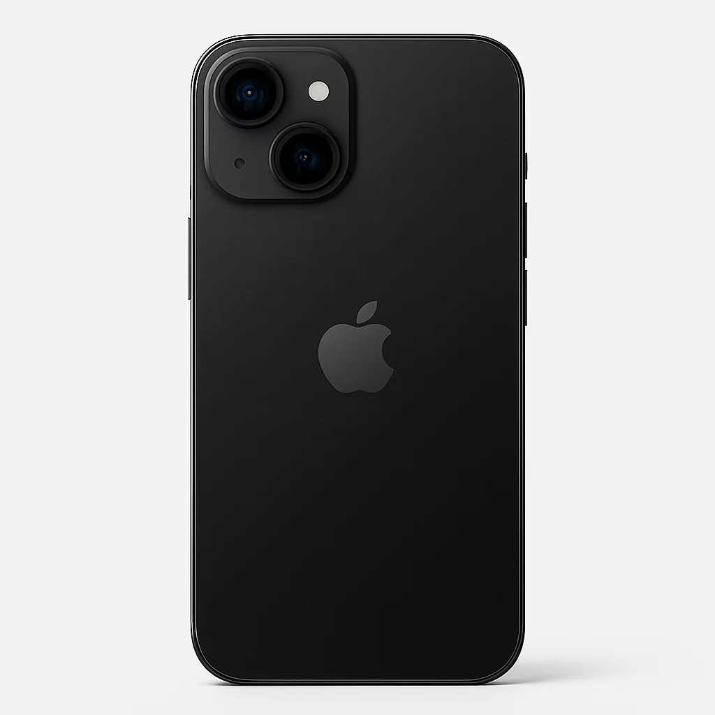 NÉO[2/5] Apple iPhone 16 - Vue arrière en studio sur fond blanc pur : iPhone 16 noir parfaitement vertical, double module photo bien visible, rendu fidèle des matériaux et sans accessoire ajouté.