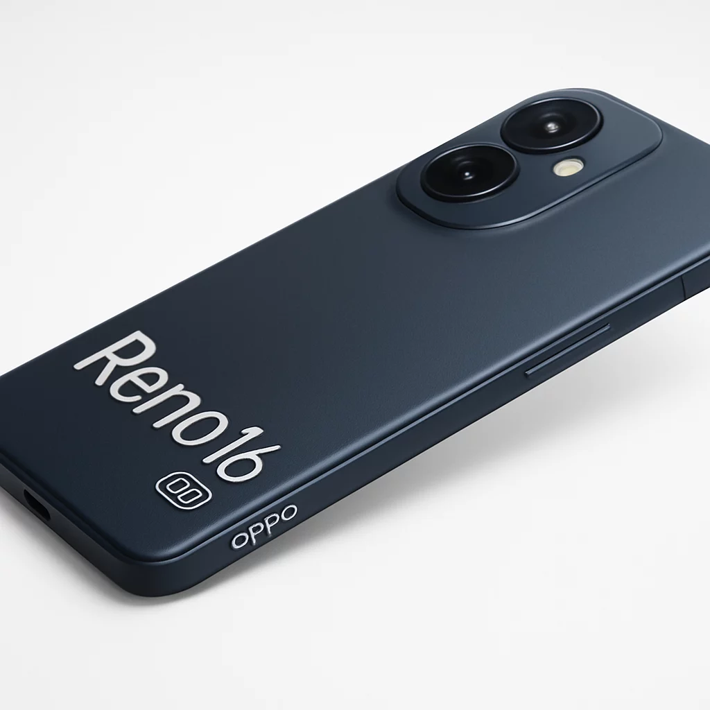NÉO[4/5] OPPO Reno16 5G - Vue latérale droite du véritable smartphone, prise légèrement en plongée pour montrer l’épaisseur et les contours réels, fond blanc, sans extrapoler les boutons, ports ou matériaux.