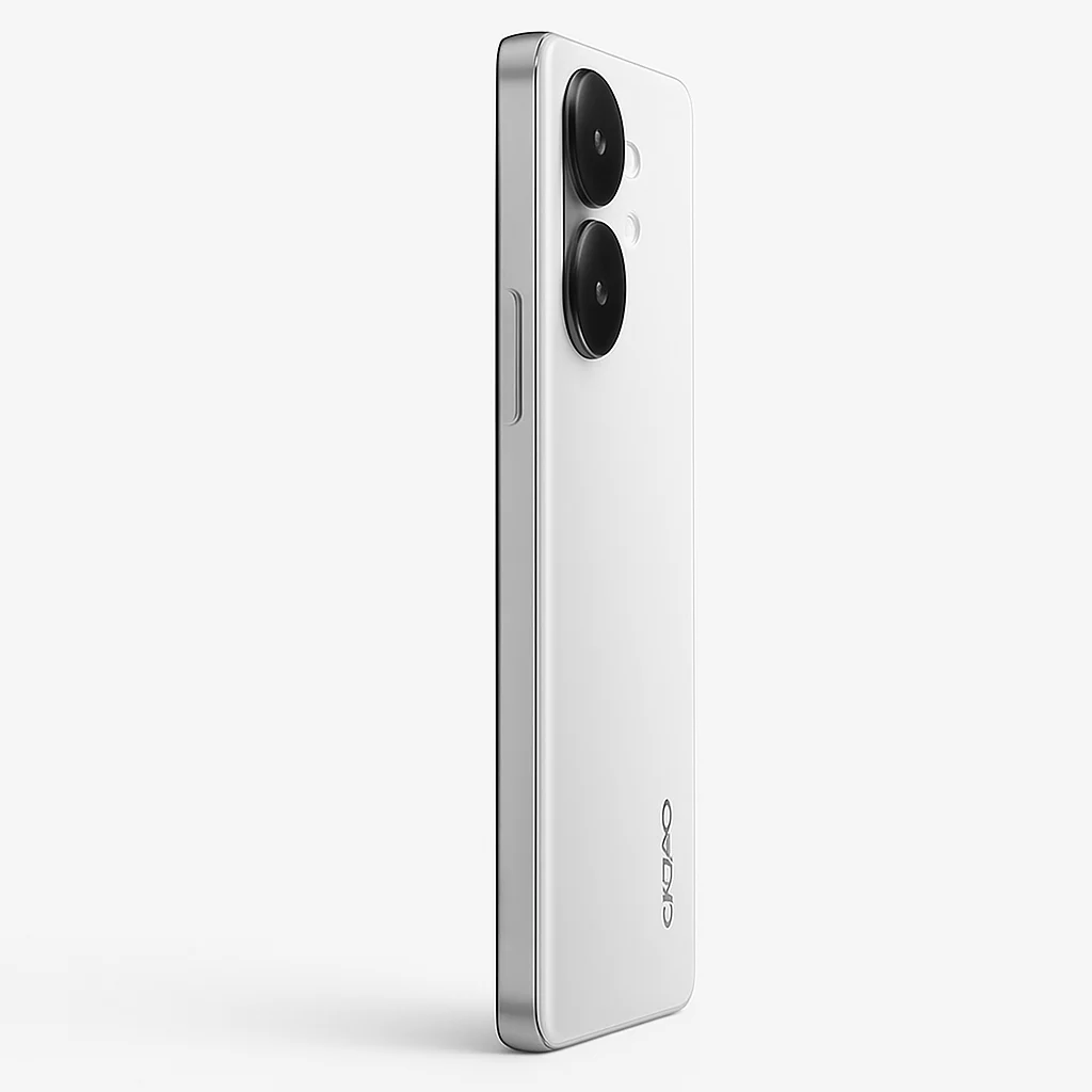 NÉO[3/5] OPPO Reno16 5G - Vue latérale gauche du véritable OPPO Reno16 5G, profil complet et commandes visibles uniquement si elles existent sur le produit, éclairage neutre, fond blanc, proportions strictement conservées.