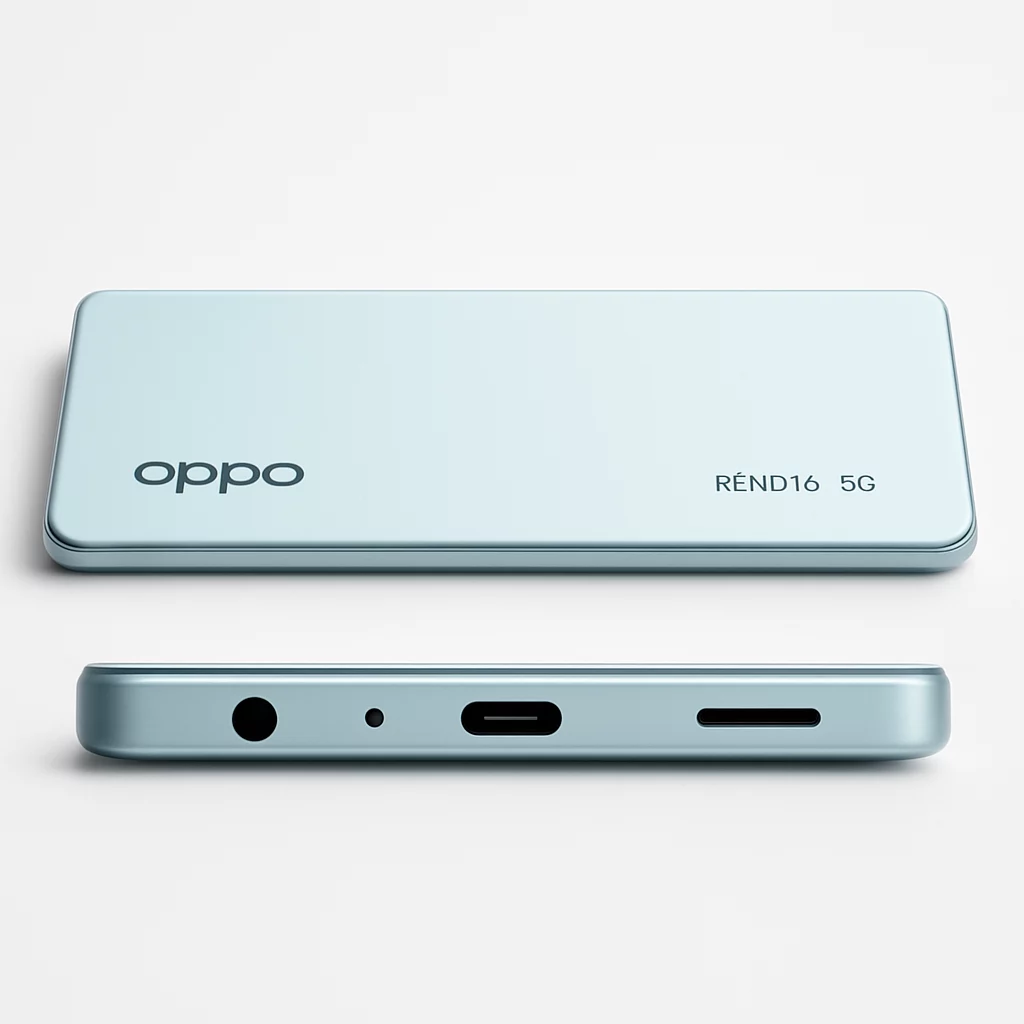 NÉO[5/5] OPPO Reno16 5G - Vue complémentaire en studio montrant les tranches supérieure et inférieure du véritable appareil, connecteurs et ouvertures reproduits à l’identique d’après une référence officielle, fond blanc, aucun accessoir...