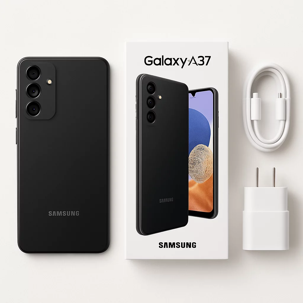 NÉO[5/5] Samsung Galaxy A37 - Vue à plat en studio du smartphone et du contenu réel de la boîte, uniquement après confirmation des accessoires inclus, sur fond blanc sans décor trompeur.